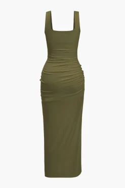 Solid Twist Front Cut Out Slit Midi Dress