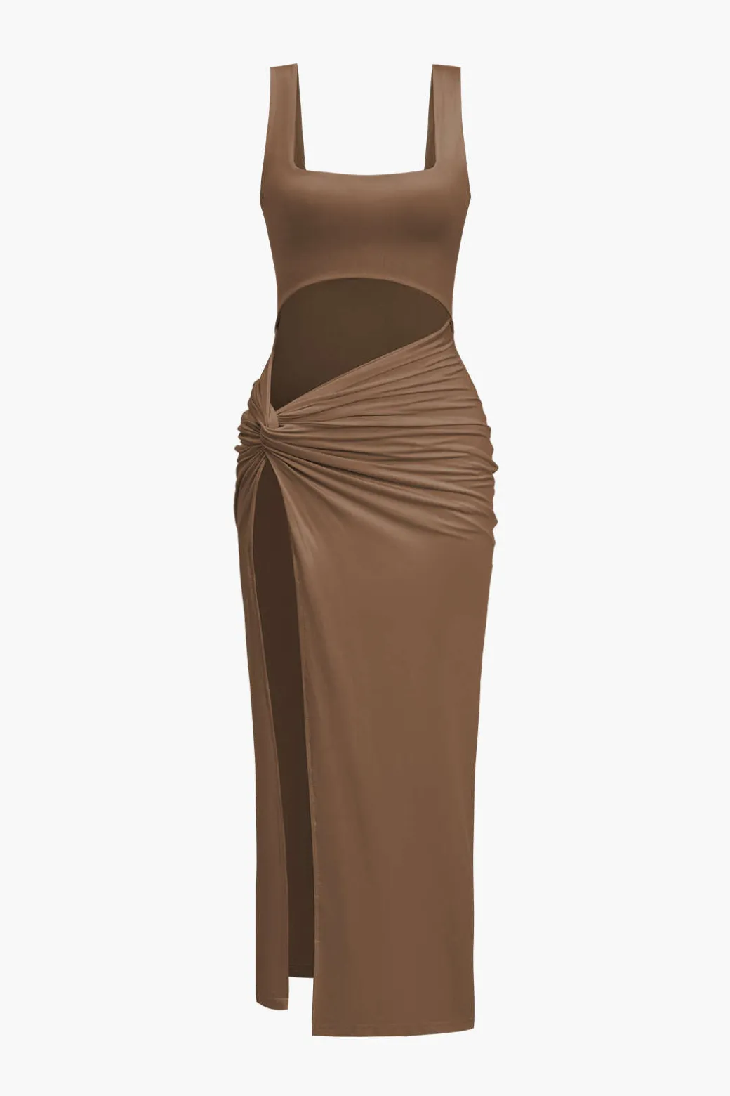 Solid Twist Front Cut Out Slit Midi Dress