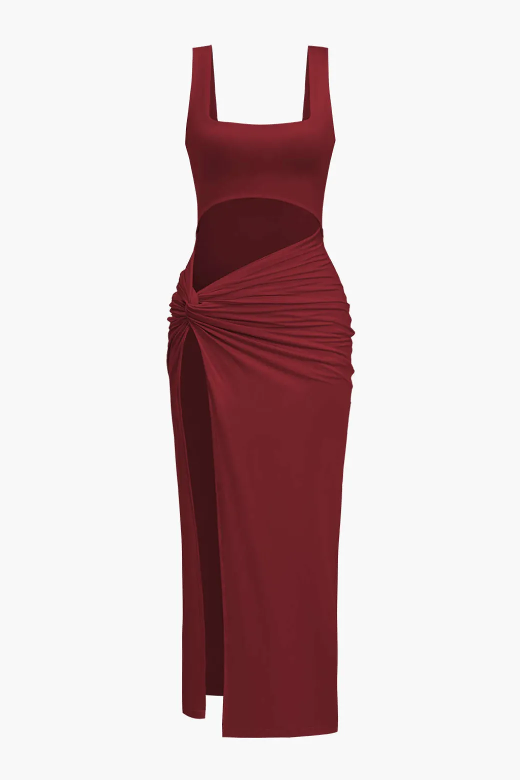 Solid Twist Front Cut Out Slit Midi Dress
