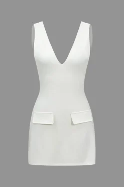 Solid V-neck Fake Pocket Mini Dress