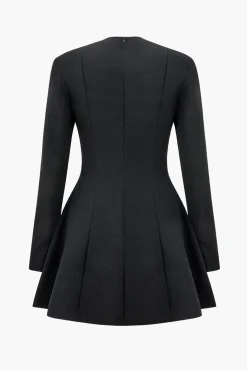 Solid V-neck Fake Pockets And Zipper Mini Dress