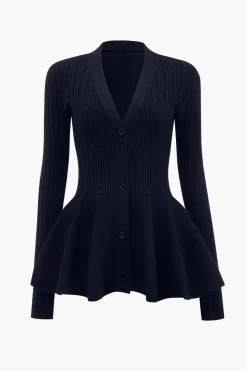 Solid V-neck Puff Hem Sweater Cardigan