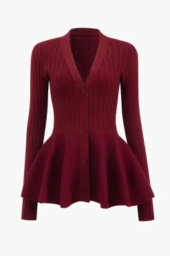 Solid V-neck Puff Hem Sweater Cardigan