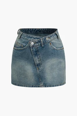 Solid Washed Pocket Zipper Denim Skirt