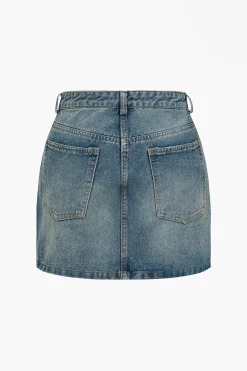 Solid Washed Pocket Zipper Denim Skirt