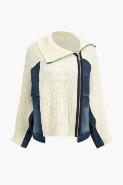Solid Zipper Detail Patchwork Sweater Cardigan