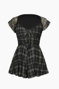 Square Neck Short Flutter Sleeve Checkered Vintage Playsuit