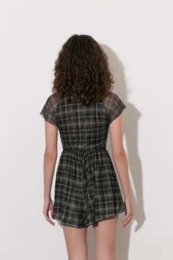 Square Neck Short Flutter Sleeve Checkered Vintage Playsuit