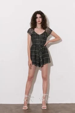 Square Neck Short Flutter Sleeve Checkered Vintage Playsuit
