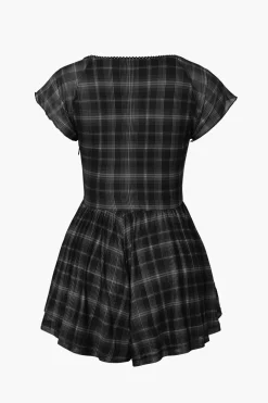 Square Neck Short Flutter Sleeve Checkered Vintage Playsuit