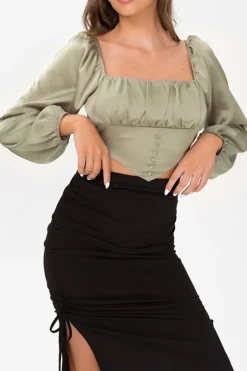 Square Neck V-hem Satin Long Sleeve Top