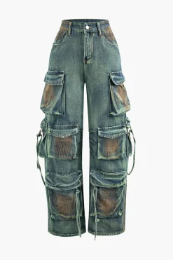 Stained Multi Flap Pocket Straight Leg Cargo Jeans