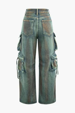 Stained Multi Flap Pocket Straight Leg Cargo Jeans