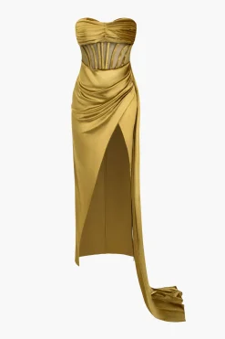 Strapless Ruched Mesh Velvet Maxi Dress