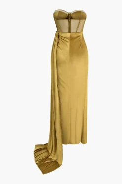 Strapless Ruched Mesh Velvet Maxi Dress
