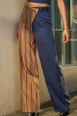 Stripe Asymmetrical Detail Color Block Print Trousers
