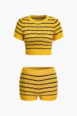 Stripe Crop Knit Top And Shorts Set