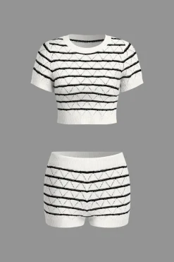 Stripe Crop Knit Top And Shorts Set