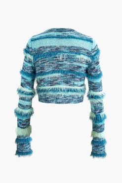 Stripe Feather Detail Tie Front Long Sleeve Knit Cardigan