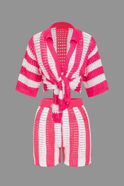 Stripe Knit Hollow Out Shorts Set