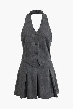 Stripe Print Backless Pleated Mini Dress