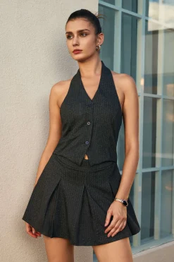 Stripe Print Backless Pleated Mini Dress