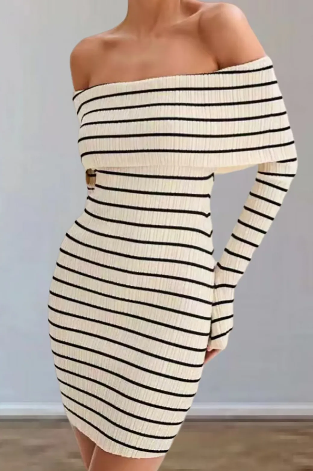 Stripe Print Knit Wrap Off Shoulder Dress