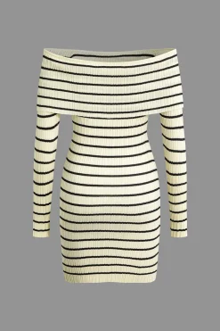 Stripe Print Knit Wrap Off Shoulder Dress