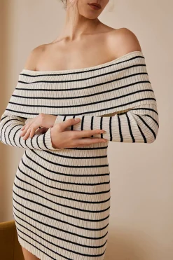 Stripe Print Knit Wrap Off Shoulder Dress