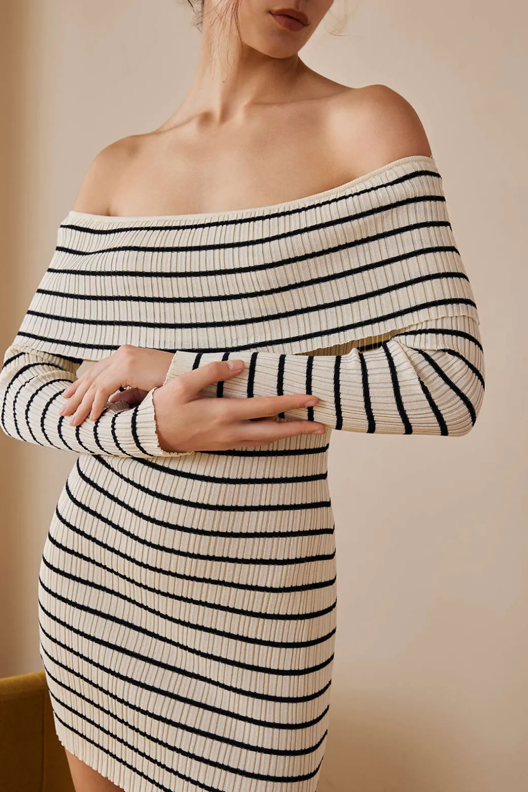 Stripe Print Knit Wrap Off Shoulder Dress