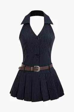 Stripe Print Pleated Belted Mini Dress