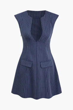 Stripe Print Pocket V-neck Mini Dress