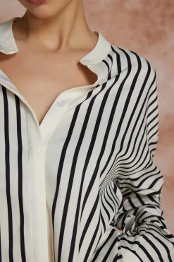 Stripe Print Satin Long-Sleeve Shirt