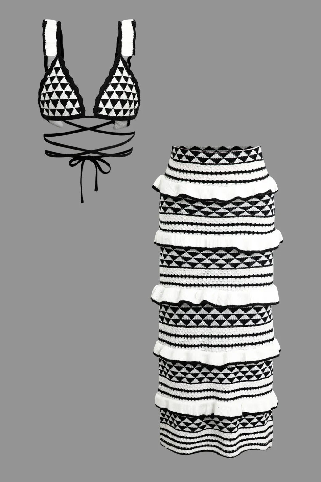 Stripe Tie Bra Top And Tiered Ruffle Knit Midi Skirt Set