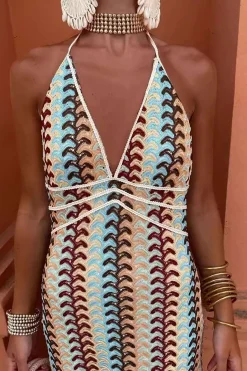 Striped Crochet Halter V-neck Backless Slip Maxi Dress