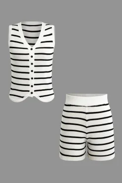 Striped Knit Sleeveless Vest And Shorts Set