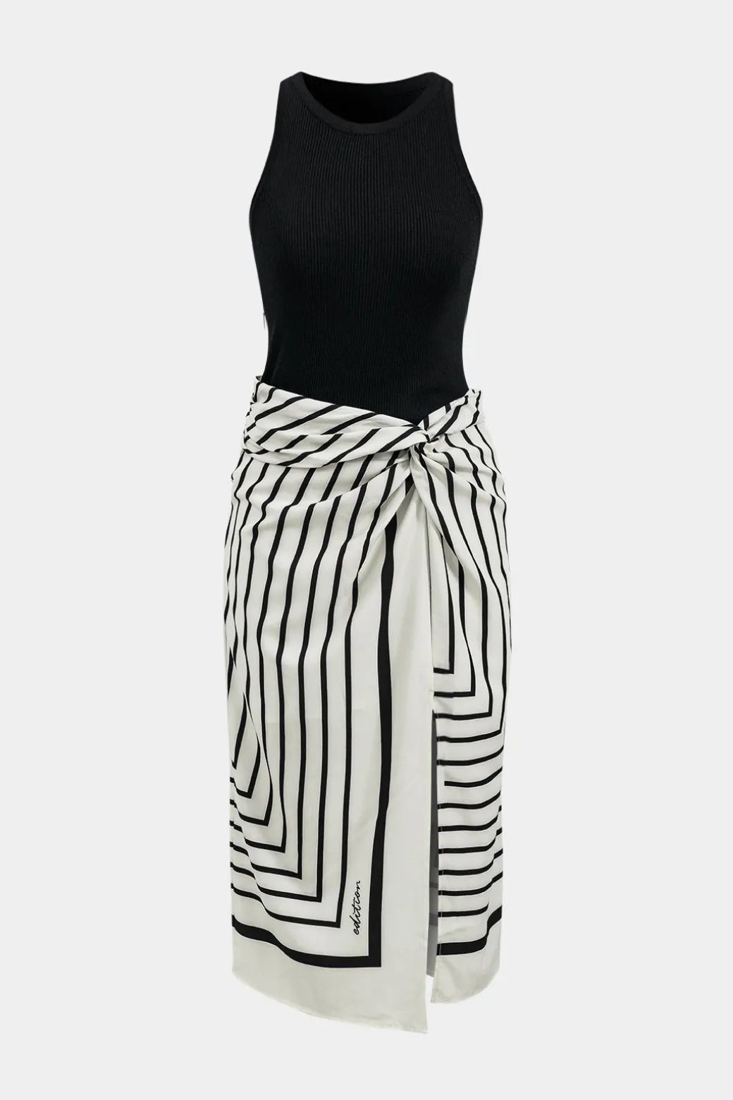 Stripes Print Patchwork Sleeveless Midi Dress