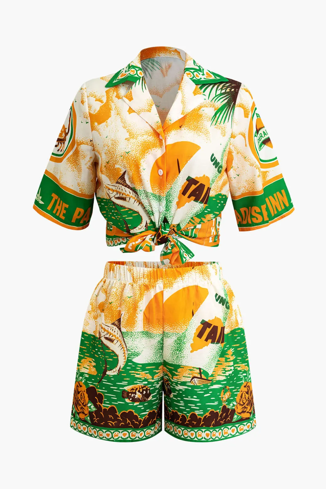 Summer Beach Print Tie-Front Shirt And Shorts Set