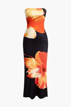 Sunny Floral Cascade Strapless Midi Dress