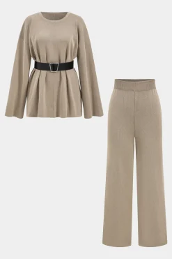 Sweater Belted Top And Pants Set