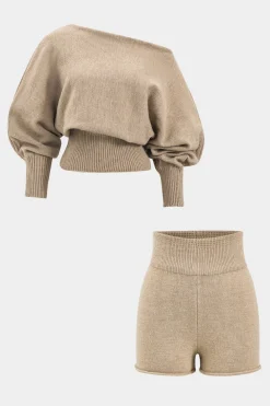 Sweater Boat Neck Gigot Sleeve Top And Shorts Set