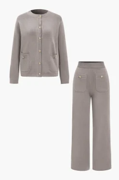 Sweater Button Pocket Round Neck Long-Sleeve Cardigan And Trousers Set