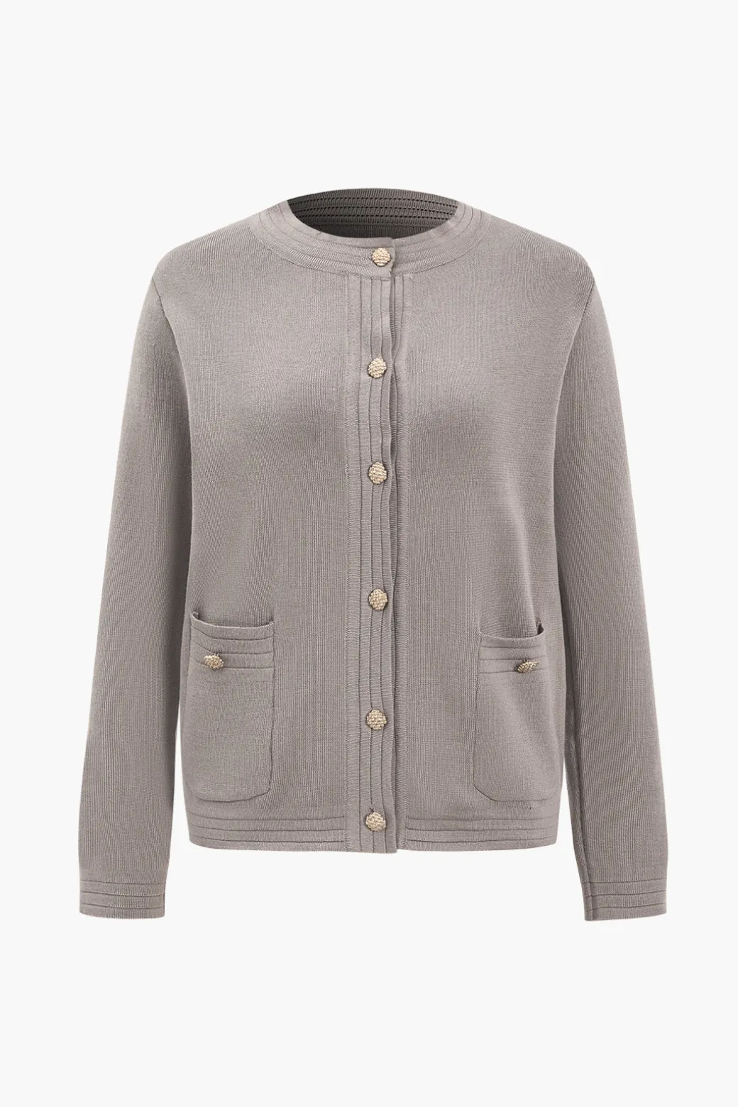 Sweater Button Pocket Round Neck Long-Sleeve Cardigan And Trousers Set