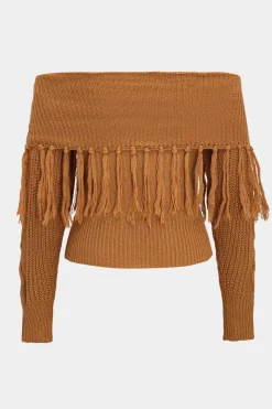 Sweater Fringe Off-Shoulder Top
