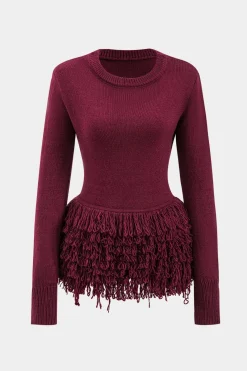Sweater Fringe Round Neck Long-Sleeve Top