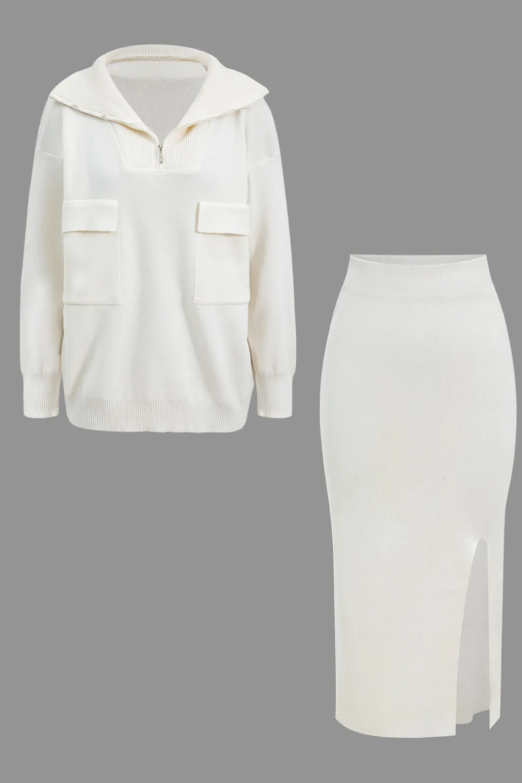 Sweater Pocket Zipper Top And Slit Skirt Set