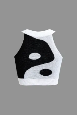 Tai Chi Print Contrast Crop Knit Top And Mini Skirt Set