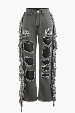Tassel Ripped Frayed Straight Leg Jeans