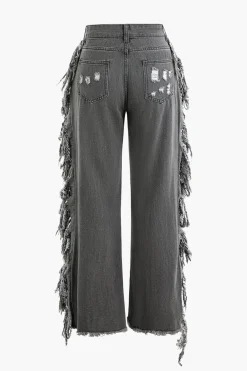 Tassel Ripped Frayed Straight Leg Jeans