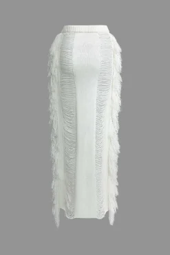 Tassel Tie Halter Knit Bra Top And Distressed Ladder Maxi Skirt Set